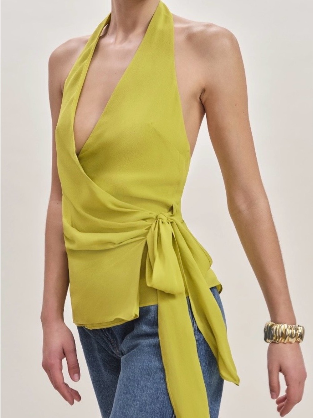Reformation Chartreuse Halter Wrap Top with Side Tie